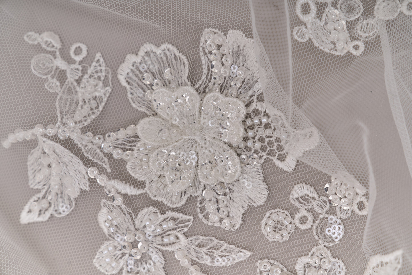 S0683 - Embroidered tulle with 3D flowers, off-white beads, transparent and silver sequins