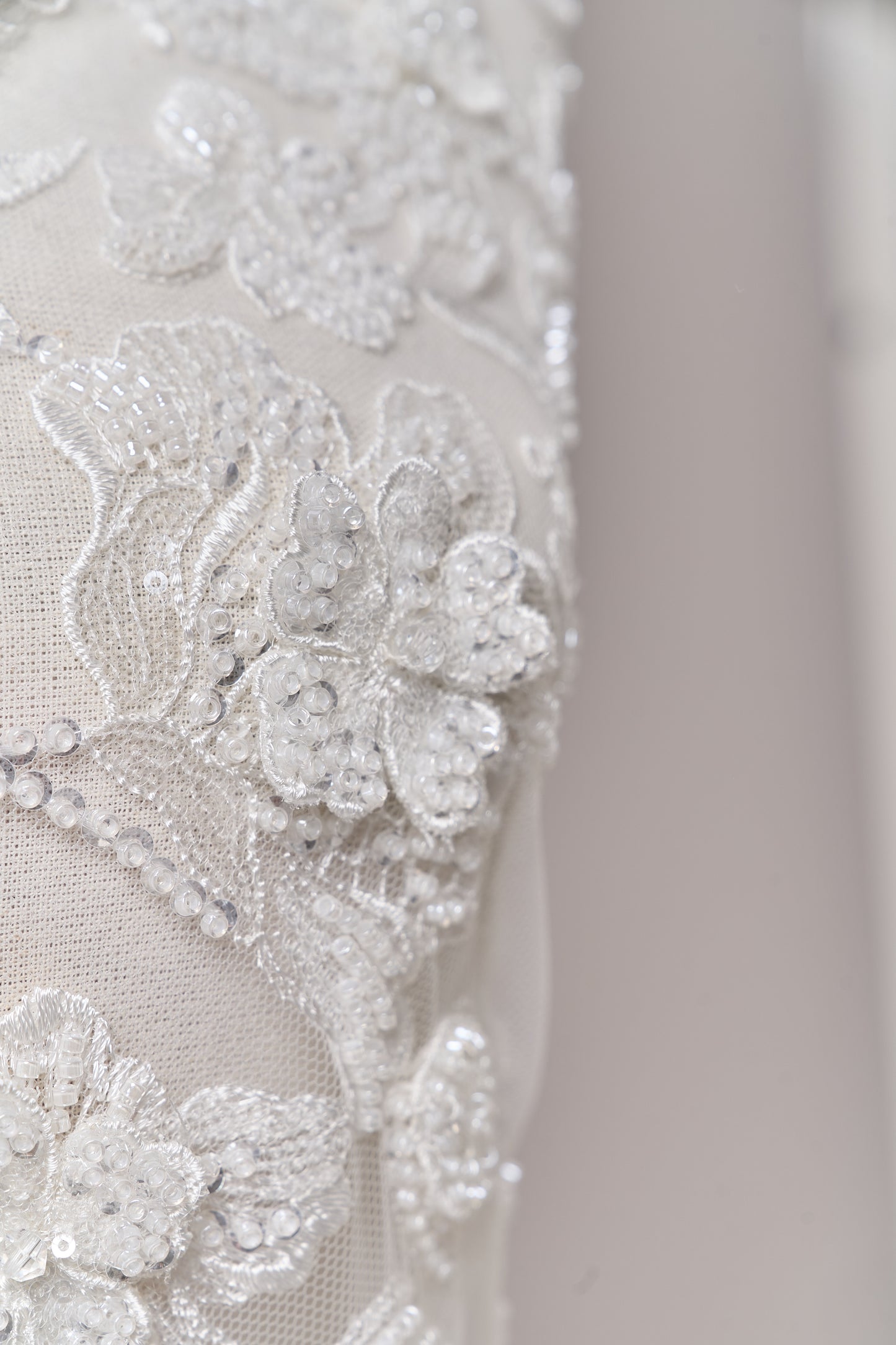 S0683 - Embroidered tulle with 3D flowers, off-white beads, transparent and silver sequins