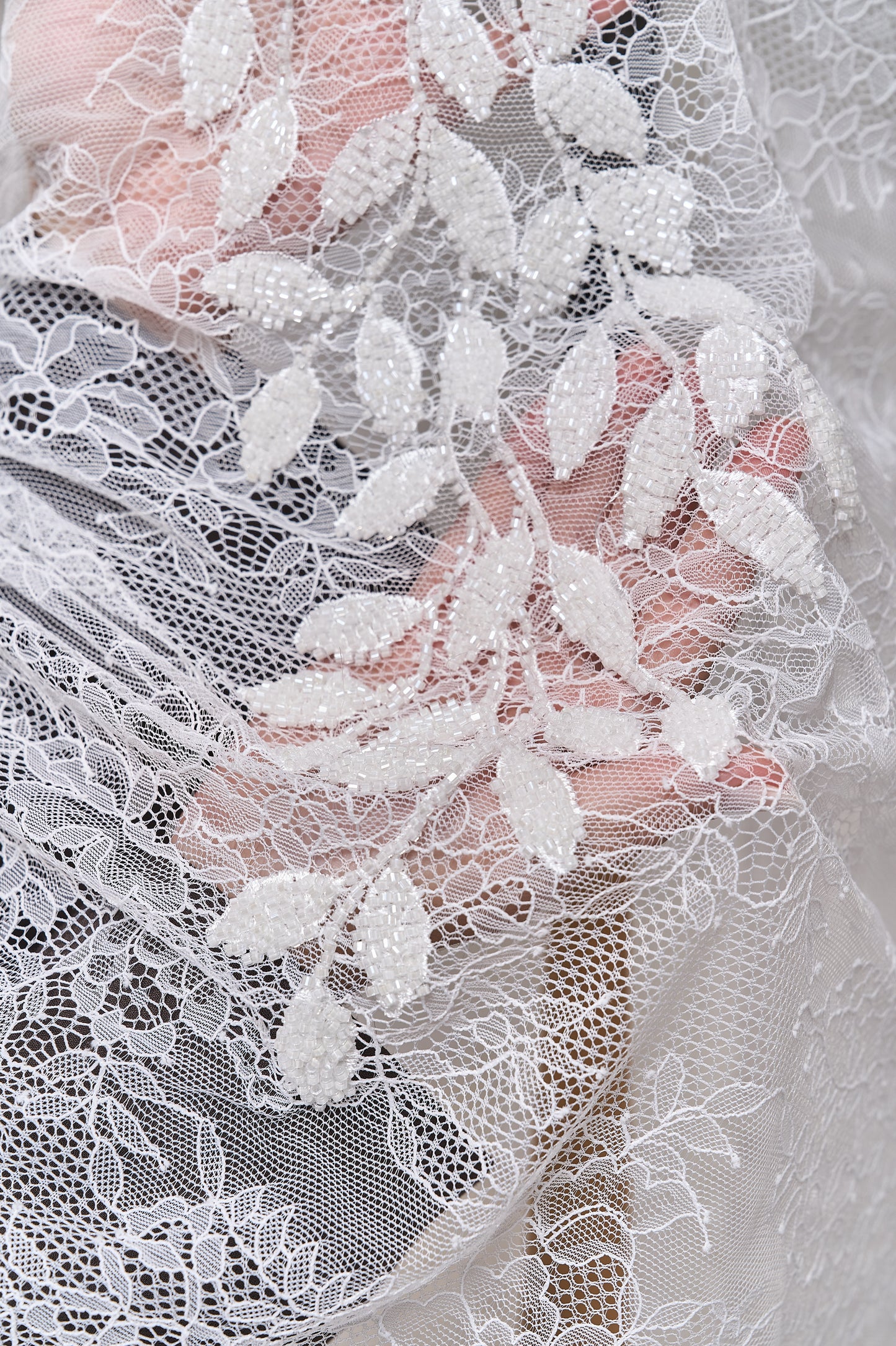 S0702 - Embroidered lace with off-white beads