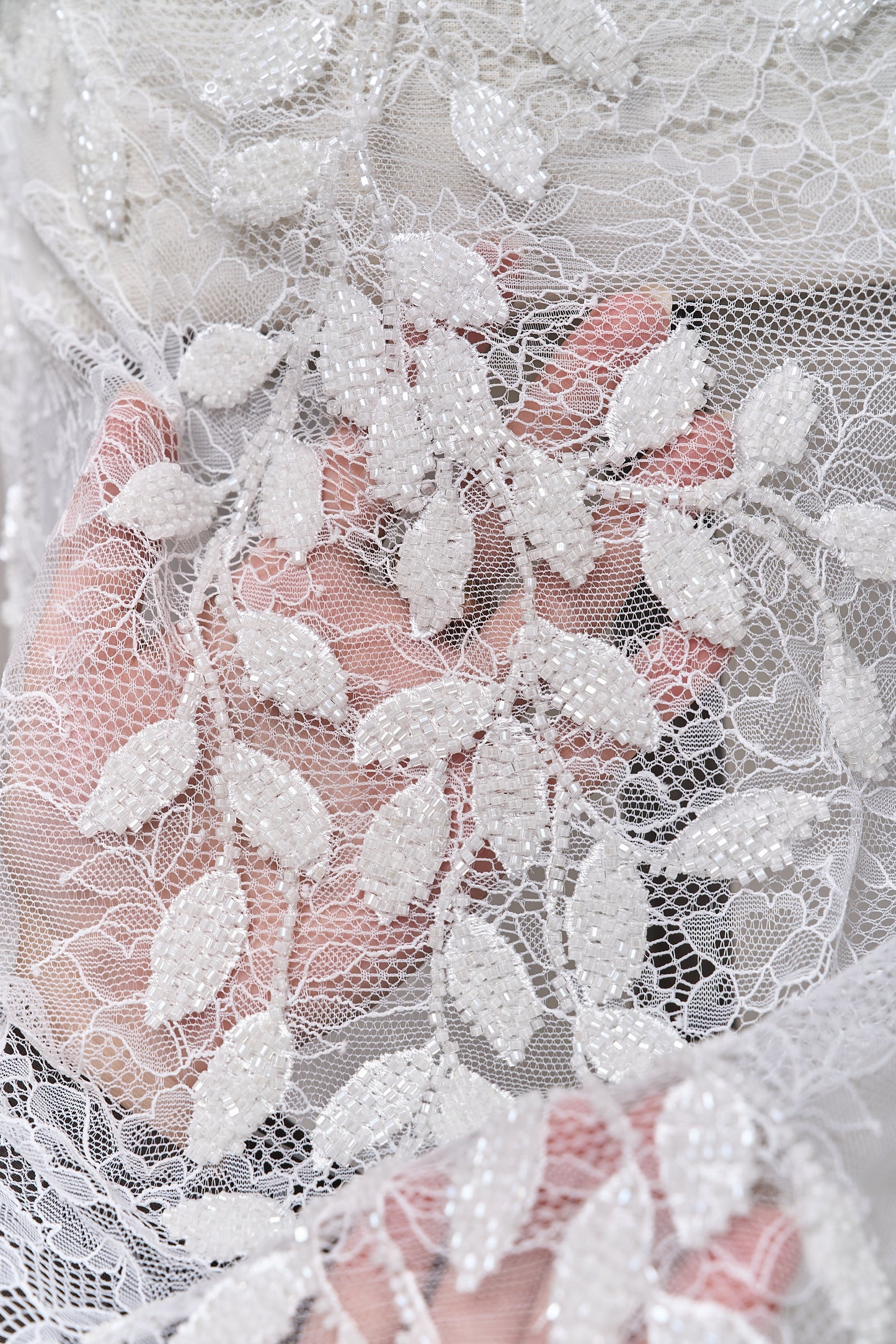 S0702 - Embroidered lace with off-white beads