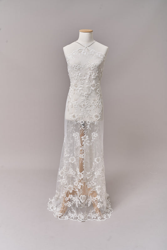 S0694 - Embroidered tulle with silver lurex, off-white beads, and transparent sequins