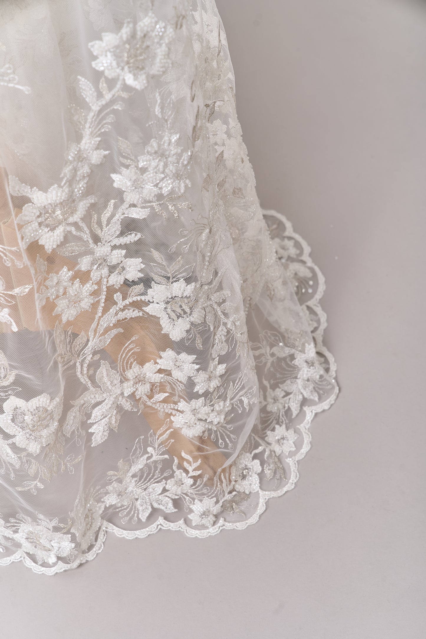 S0694 - Embroidered tulle with silver lurex, off-white beads, and transparent sequins