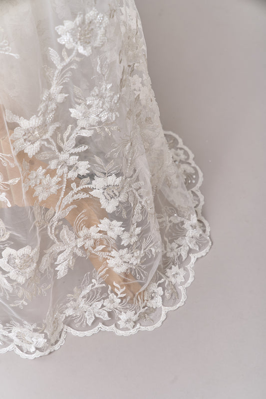 S0694 - Embroidered tulle with silver lurex, off-white beads, and transparent sequins