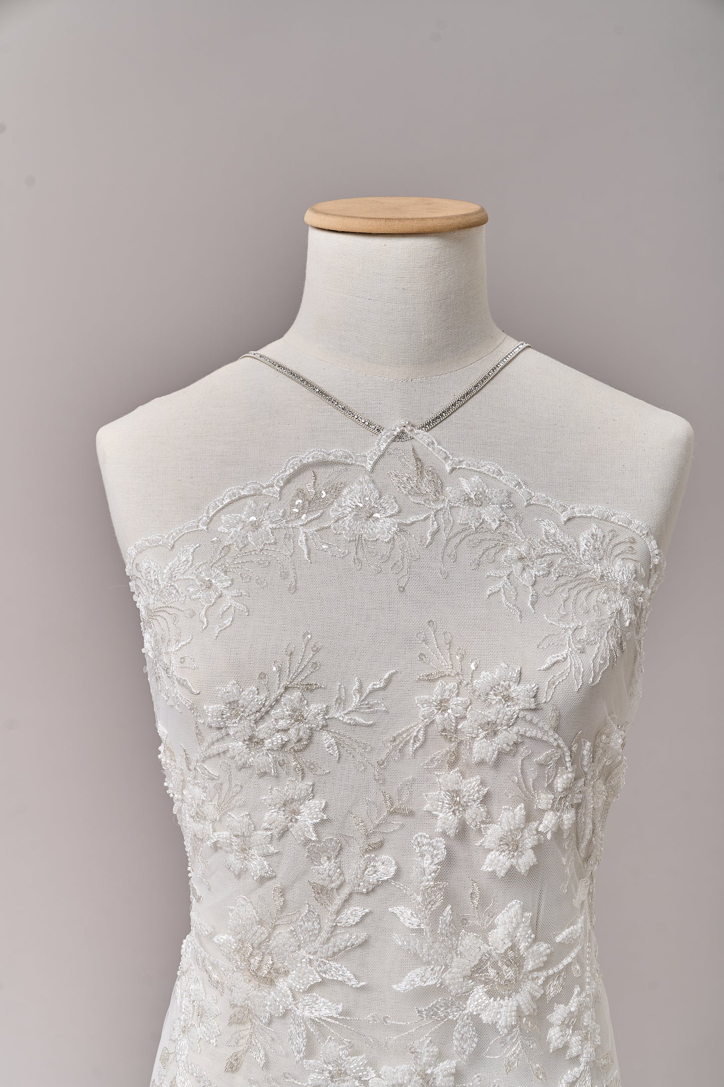 S0694 - Embroidered tulle with silver lurex, off-white beads, and transparent sequins