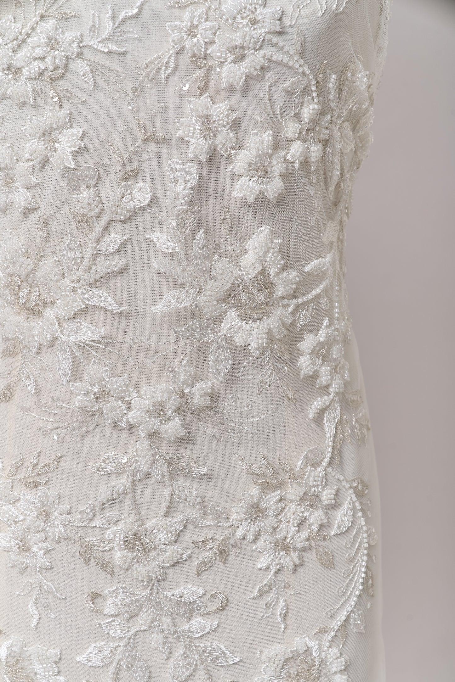 S0694 - Embroidered tulle with silver lurex, off-white beads, and transparent sequins