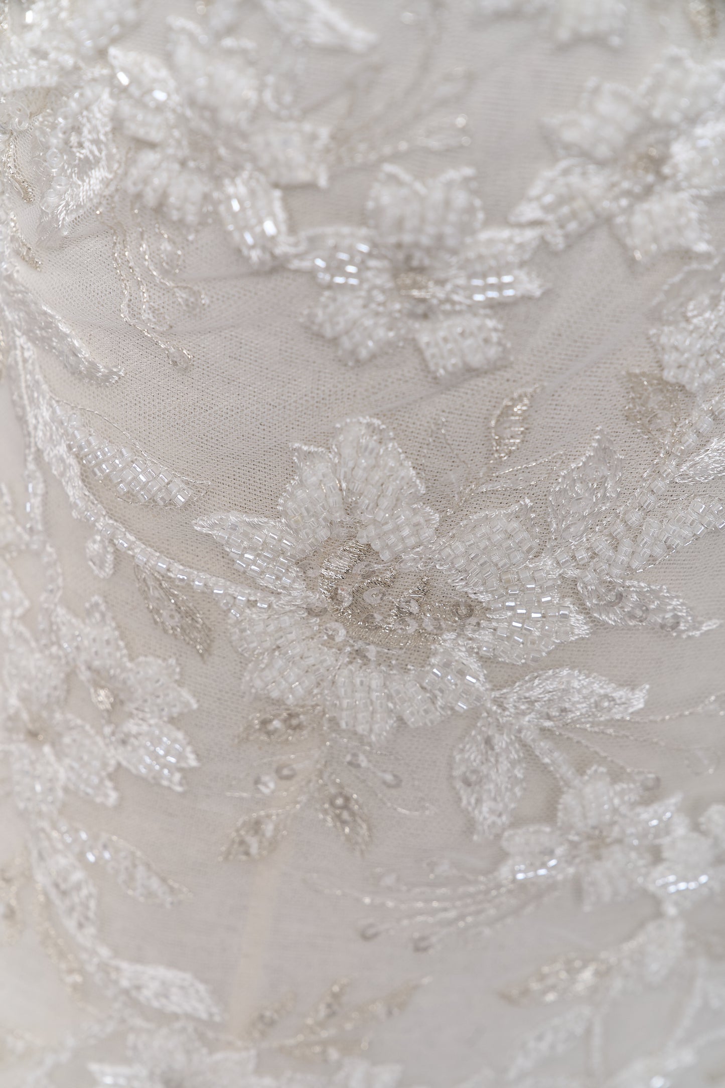 S0694 - Embroidered tulle with silver lurex, off-white beads, and transparent sequins