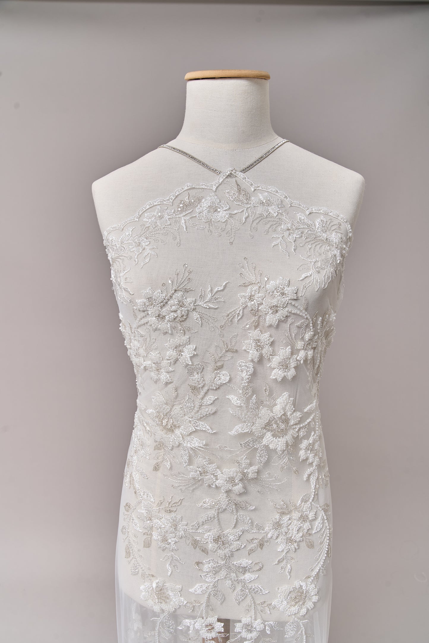 S0694 - Embroidered tulle with silver lurex, off-white beads, and transparent sequins