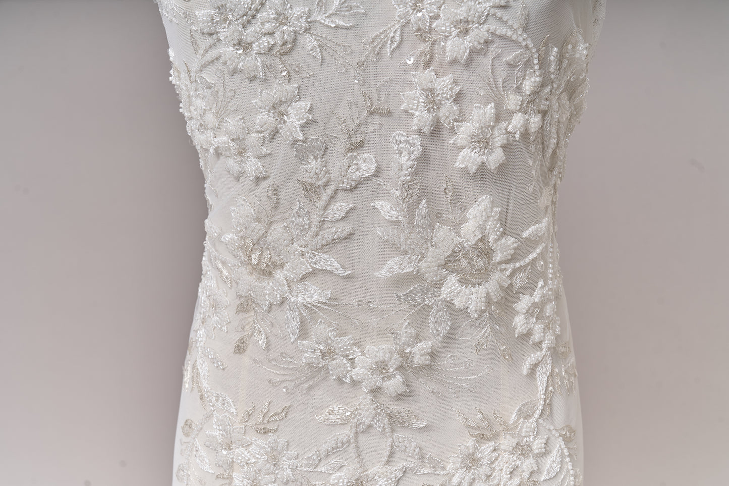 S0694 - Embroidered tulle with silver lurex, off-white beads, and transparent sequins