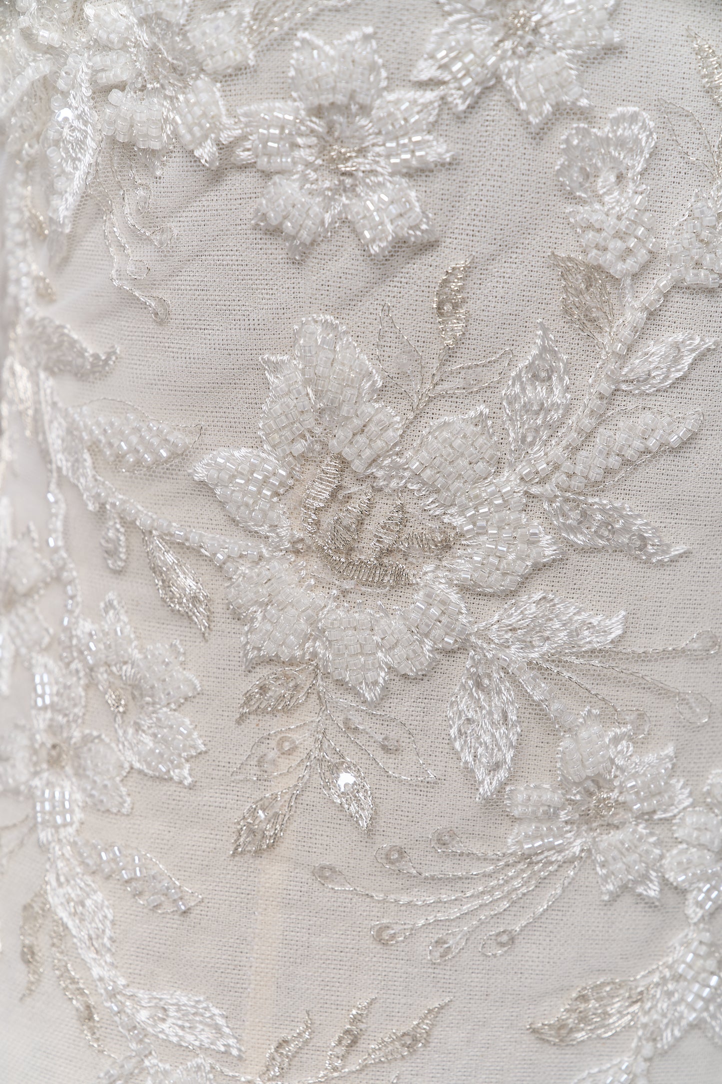 S0694 - Embroidered tulle with silver lurex, off-white beads, and transparent sequins