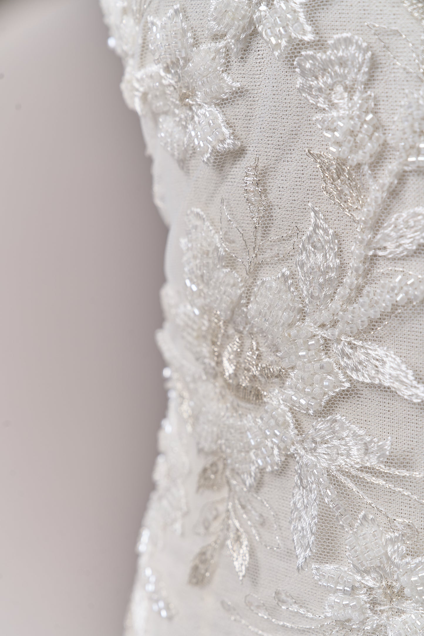 S0694 - Embroidered tulle with silver lurex, off-white beads, and transparent sequins