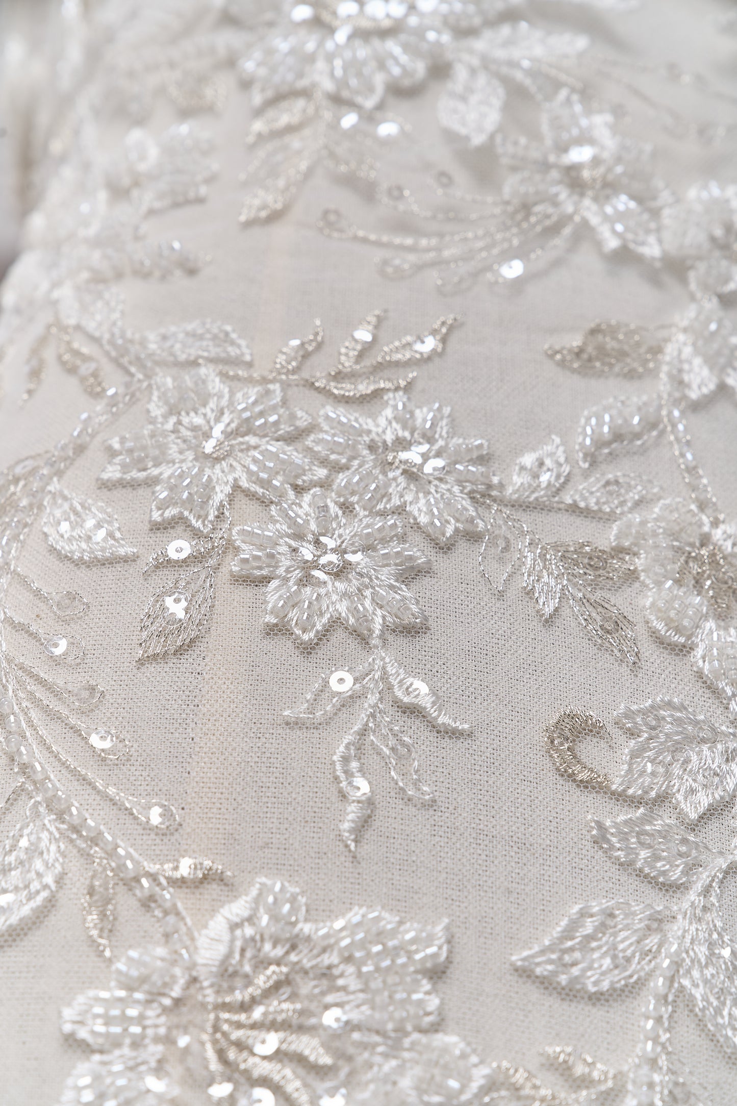 S0694 - Embroidered tulle with silver lurex, off-white beads, and transparent sequins