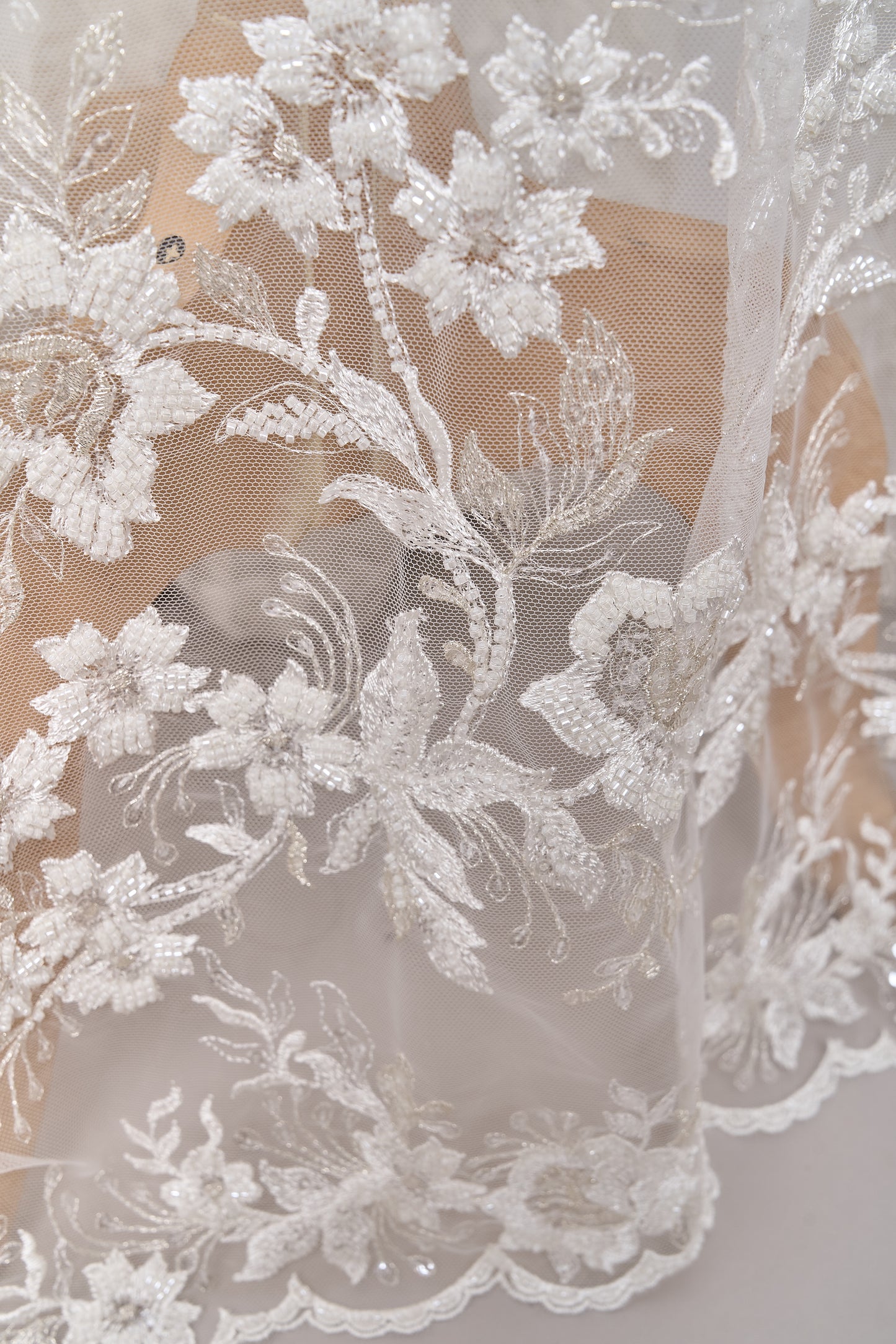 S0694 - Embroidered tulle with silver lurex, off-white beads, and transparent sequins