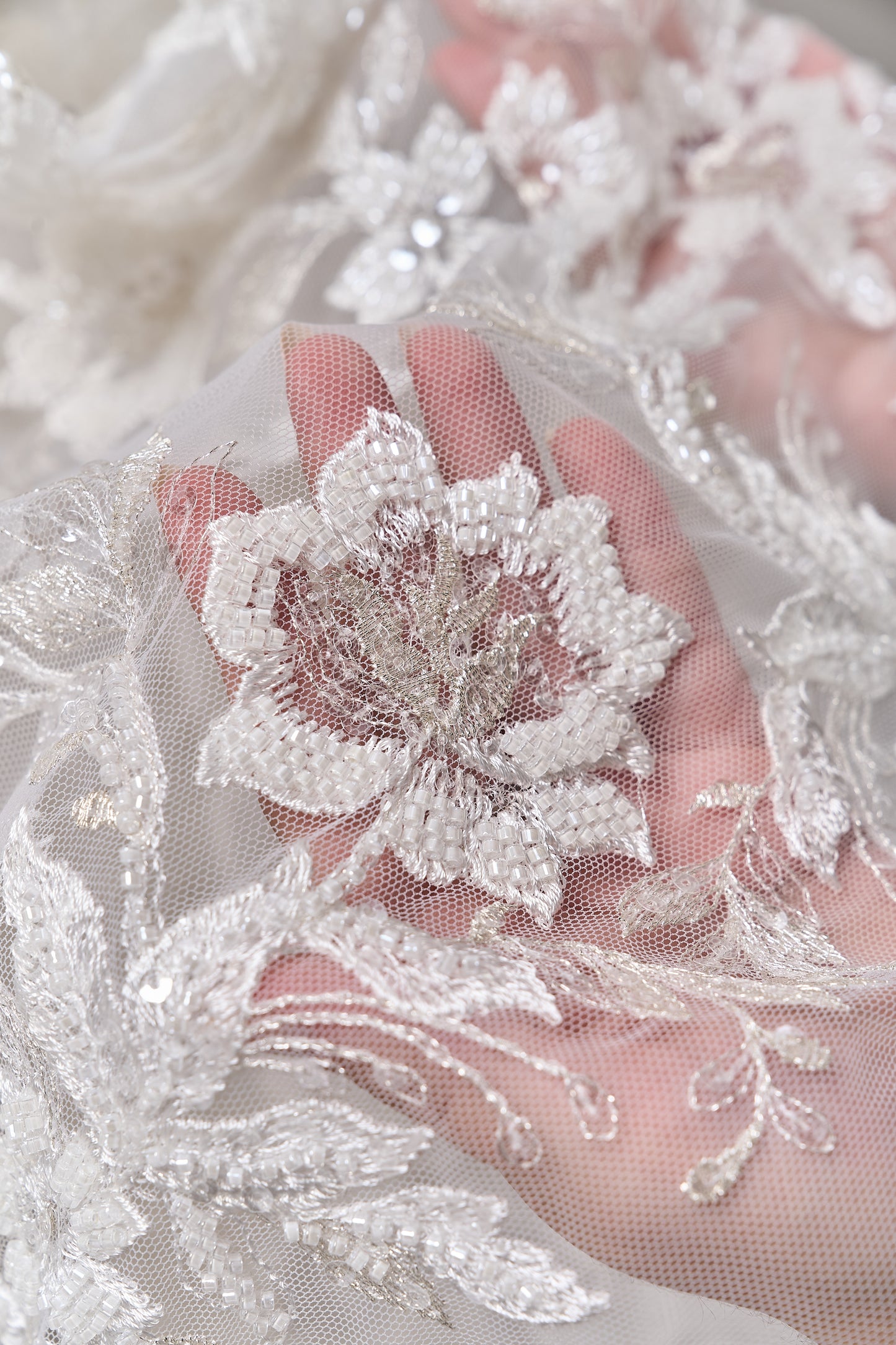 S0694 - Embroidered tulle with silver lurex, off-white beads, and transparent sequins