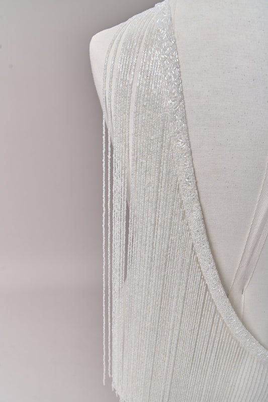 S0708 - Off-white bugle bead fringe trim