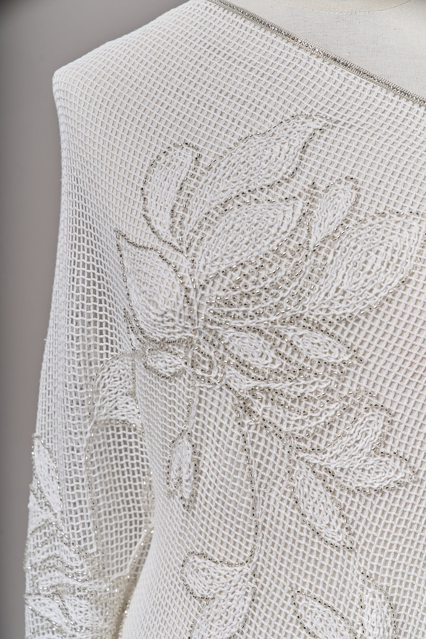 S0714 - Cotton guipure embroidered with silver beads