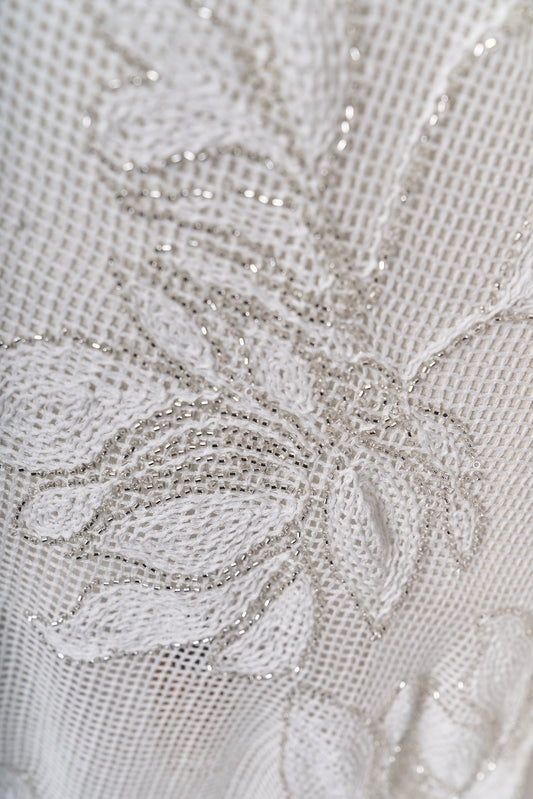 S0714 - Cotton guipure embroidered with silver beads