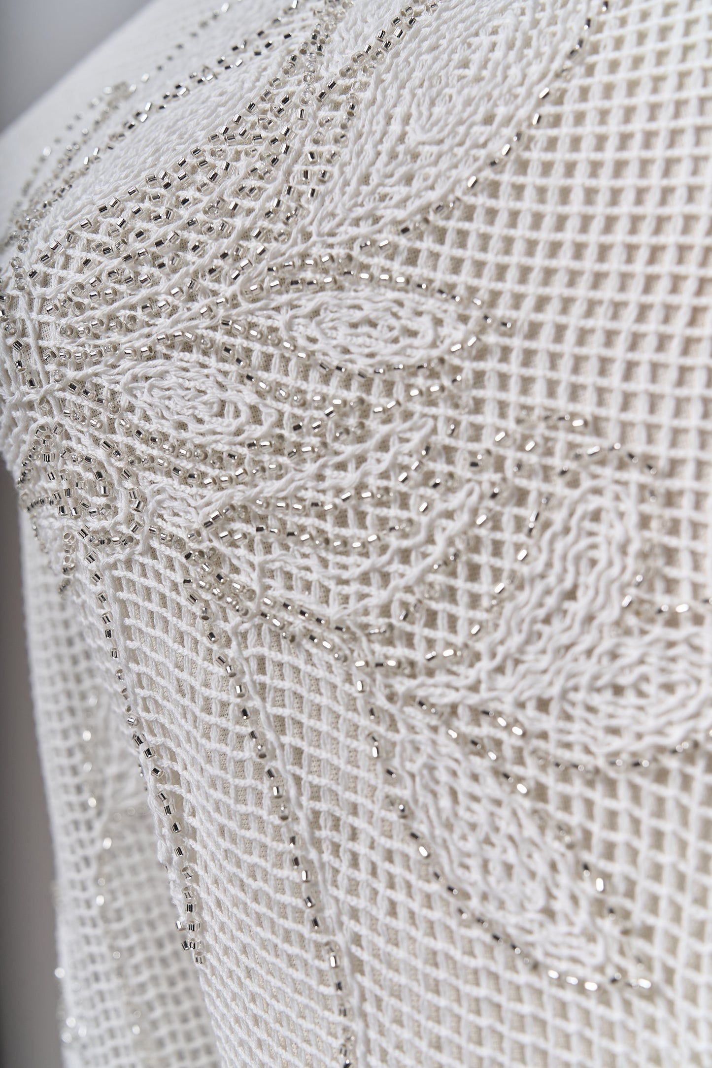 S0714 - Cotton guipure embroidered with silver beads