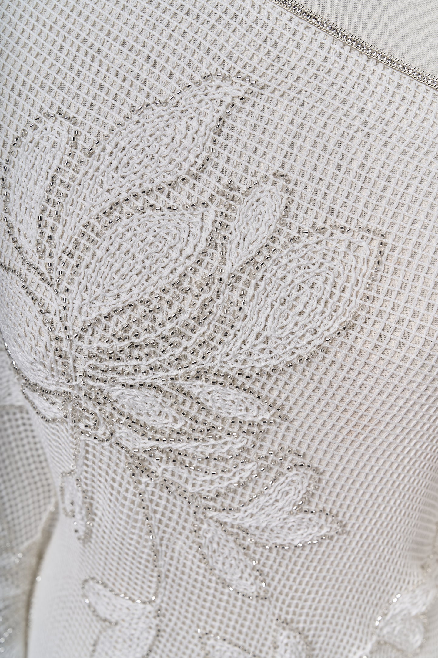 S0714 - Cotton guipure embroidered with silver beads