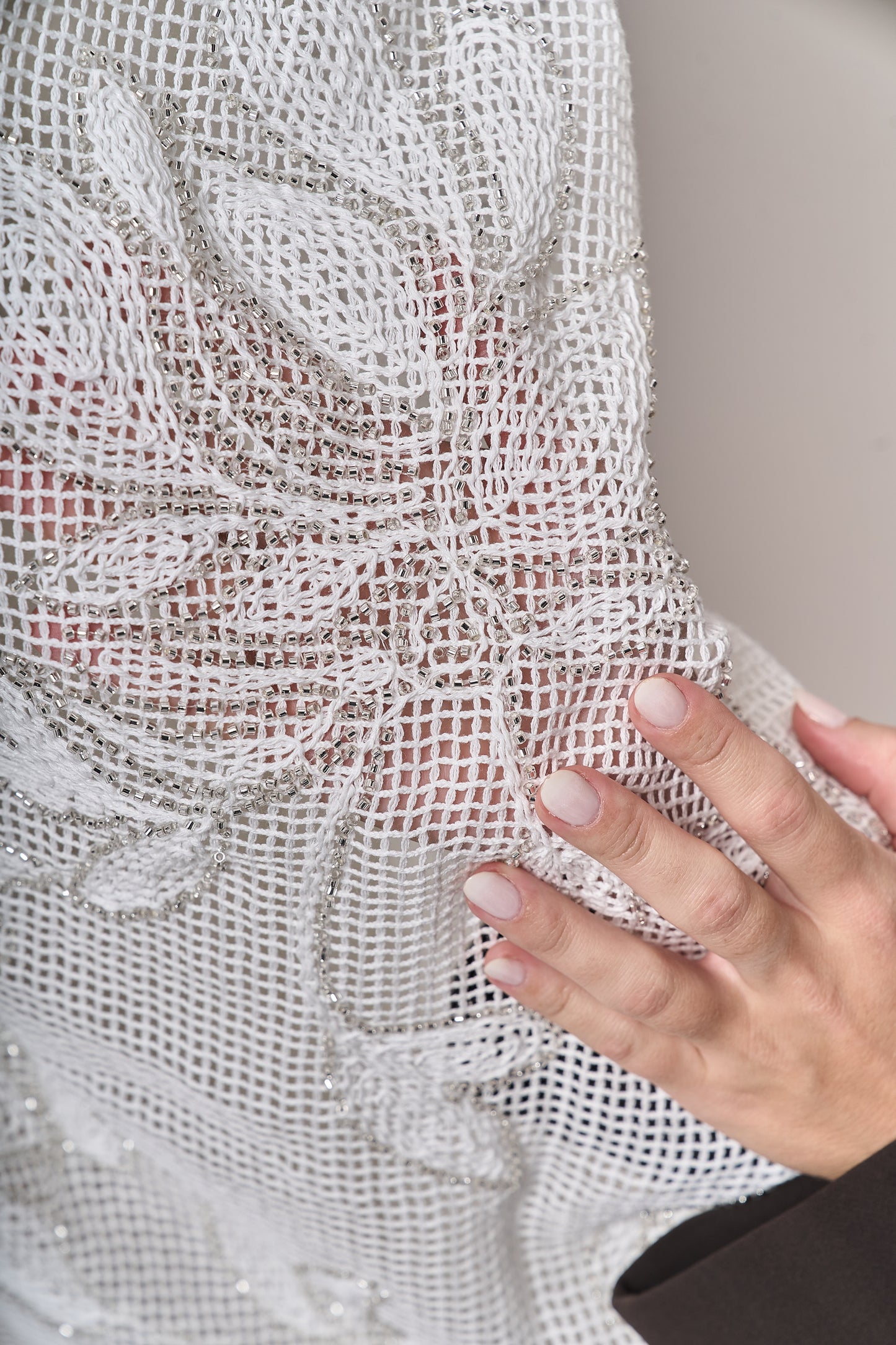S0714 - Cotton guipure embroidered with silver beads