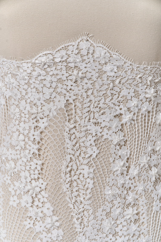 S0679 - Embroidered lace with off-white &nbsp;beads, long off-white bugle beads, and transparent sequins