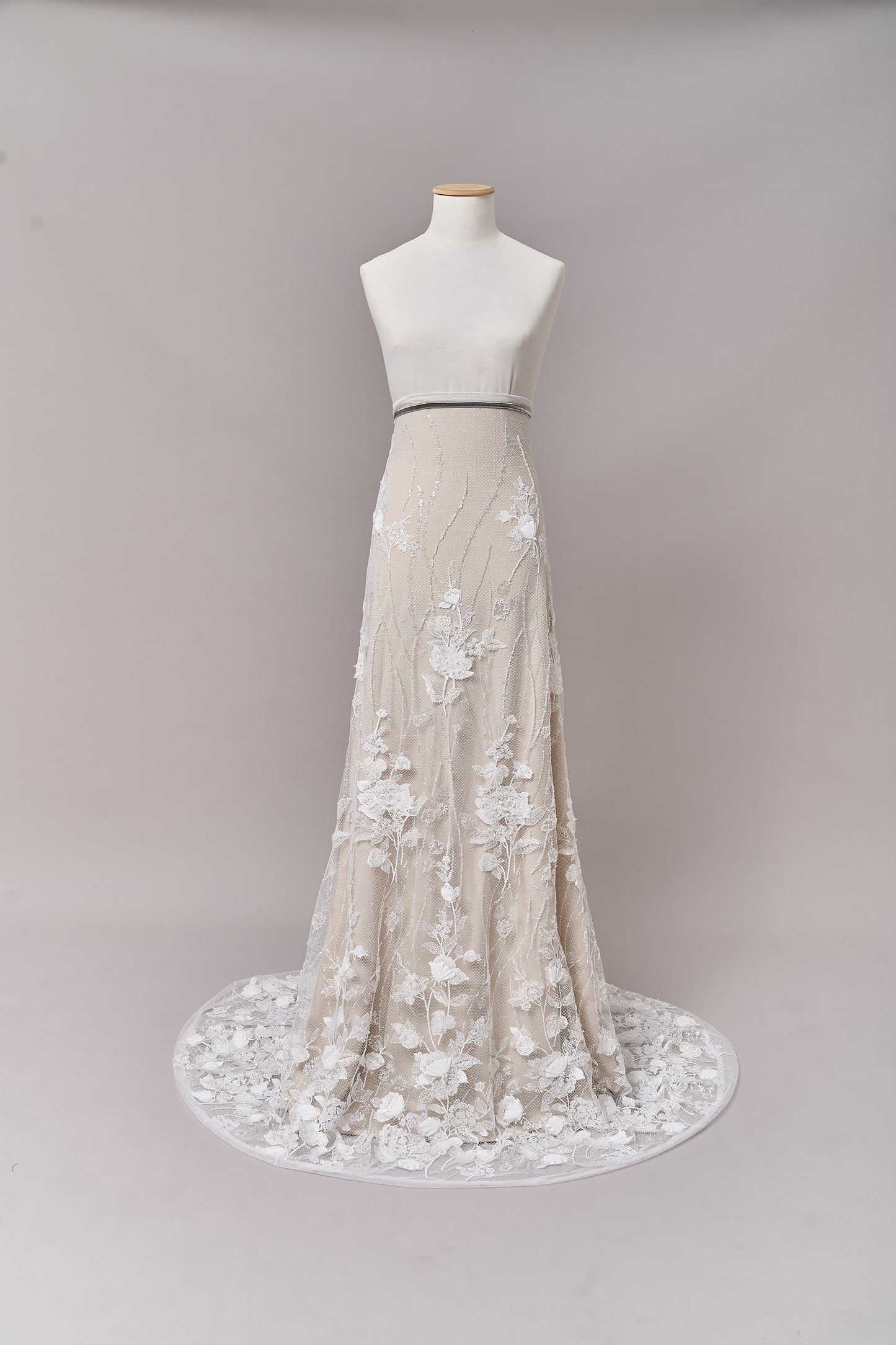 684 - Embroidered netting with 3D chiffon flowers, off-white beads, transparent and silver sequins