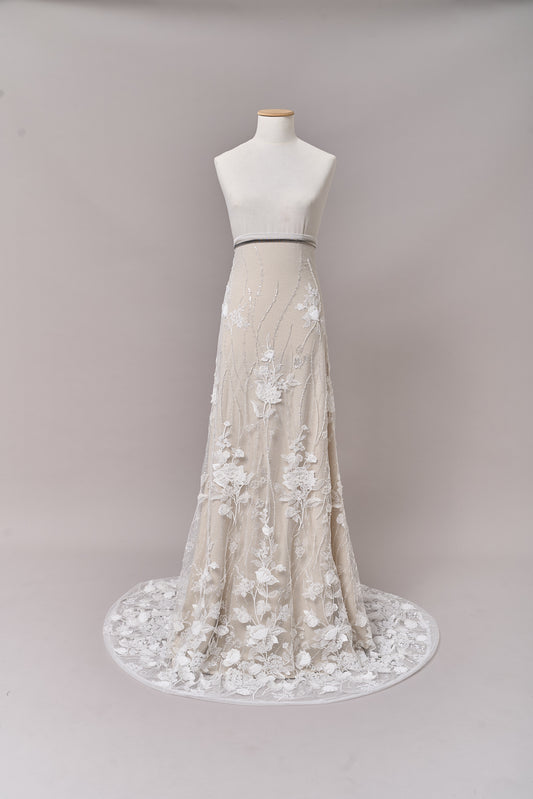 684 - Embroidered netting with 3D chiffon flowers, off-white beads, transparent and silver sequins