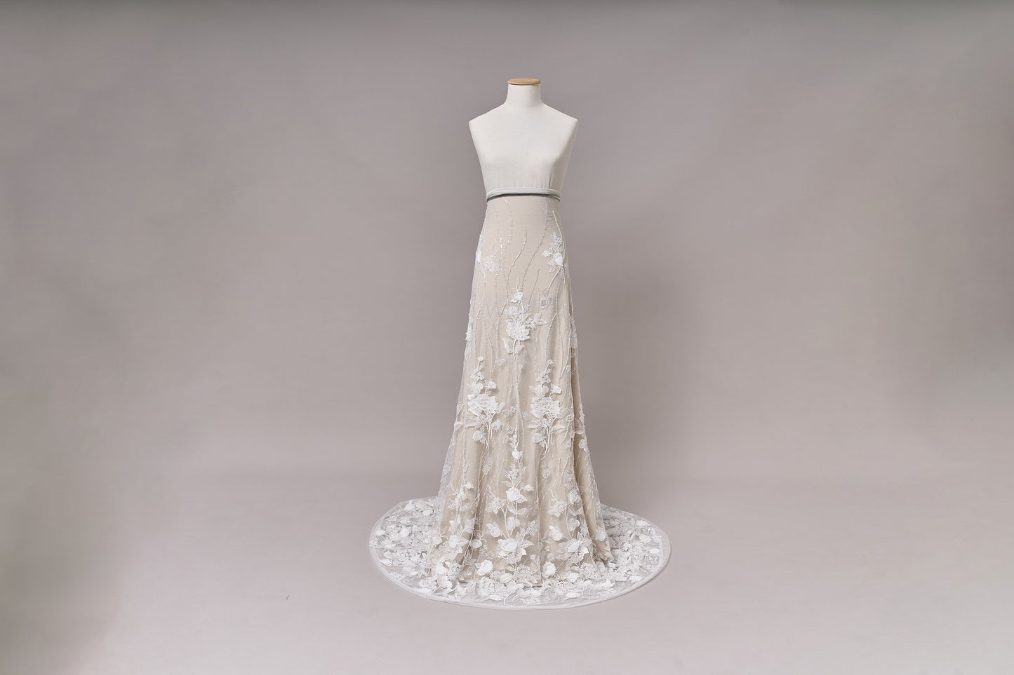 684 - Embroidered netting with 3D chiffon flowers, off-white beads, transparent and silver sequins