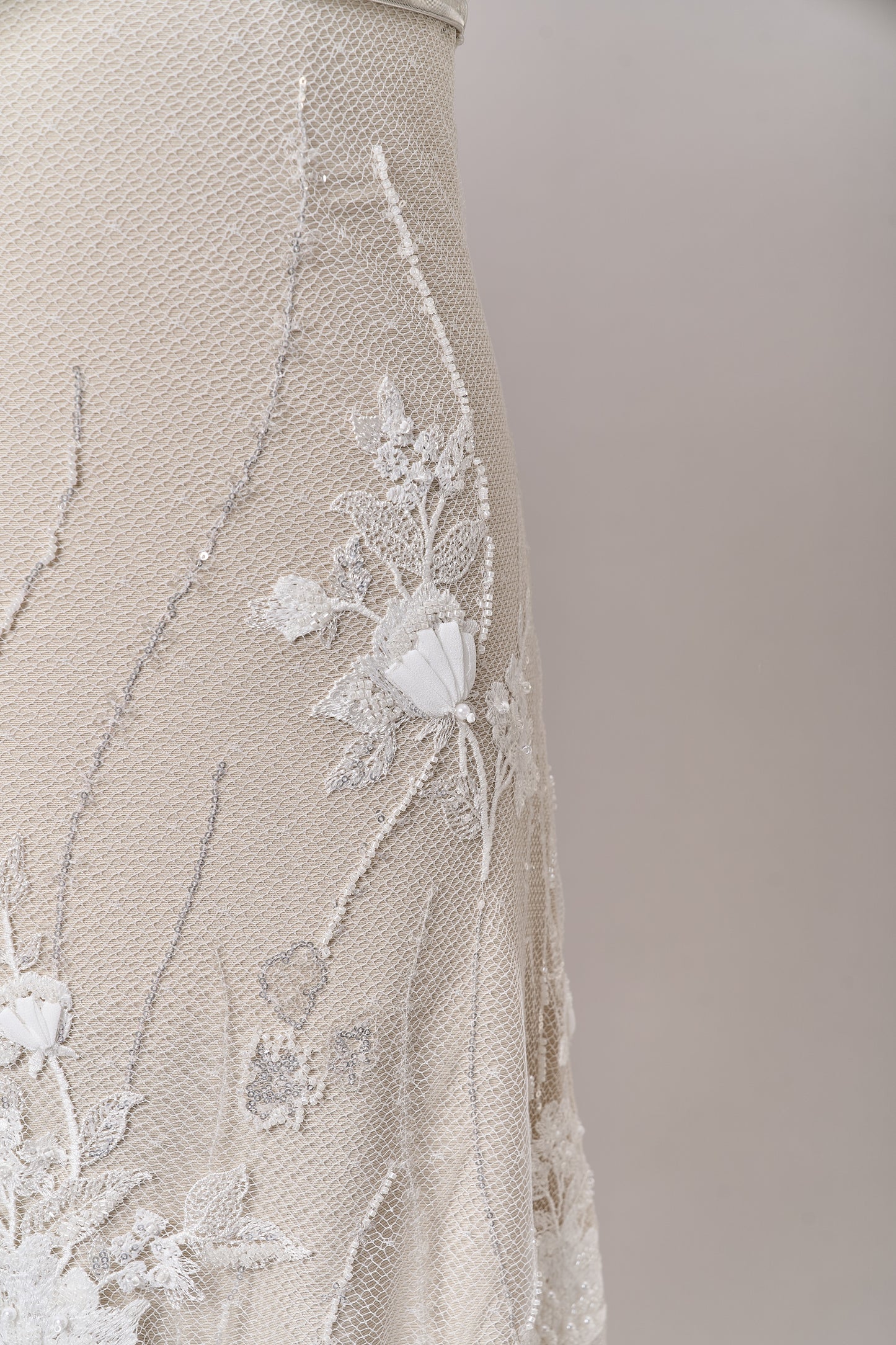 684 - Embroidered netting with 3D chiffon flowers, off-white beads, transparent and silver sequins