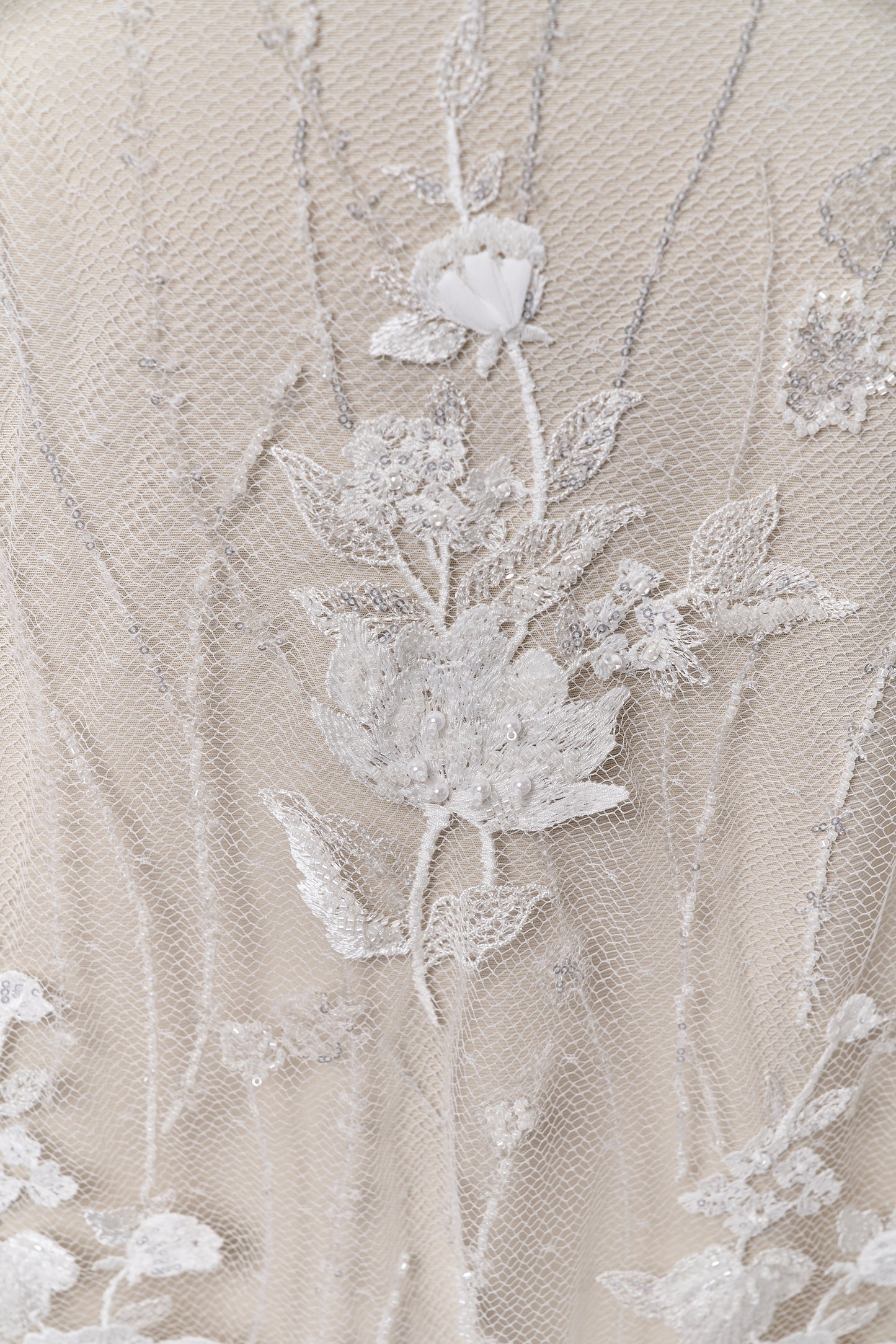 684 - Embroidered netting with 3D chiffon flowers, off-white beads, transparent and silver sequins
