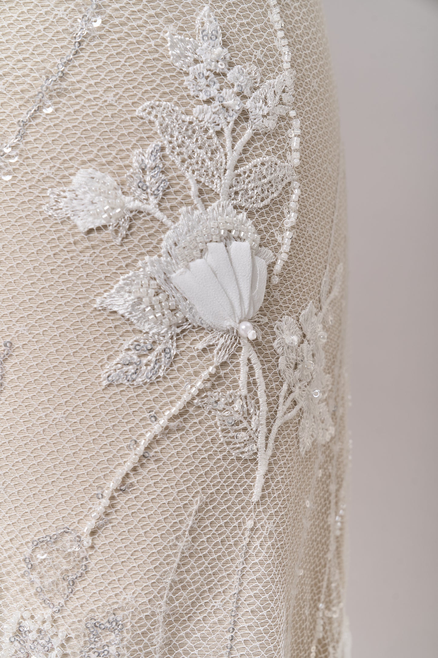684 - Embroidered netting with 3D chiffon flowers, off-white beads, transparent and silver sequins