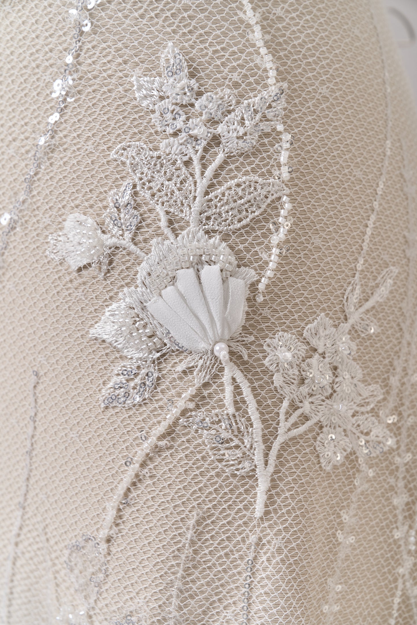 684 - Embroidered netting with 3D chiffon flowers, off-white beads, transparent and silver sequins