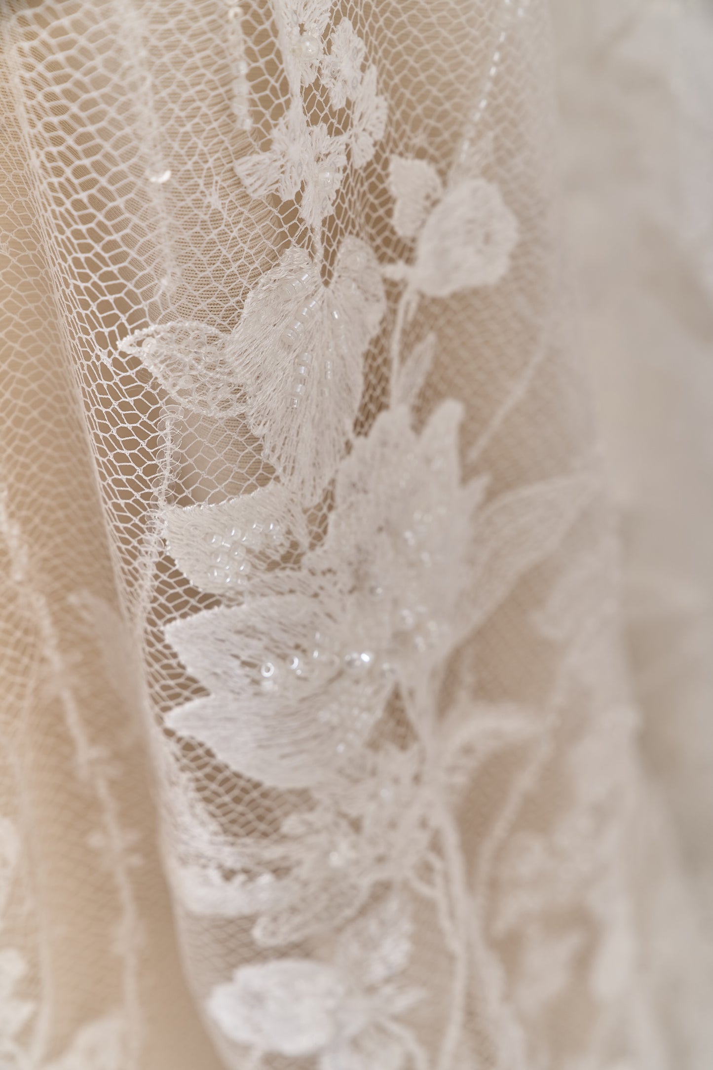 684 - Embroidered netting with 3D chiffon flowers, off-white beads, transparent and silver sequins