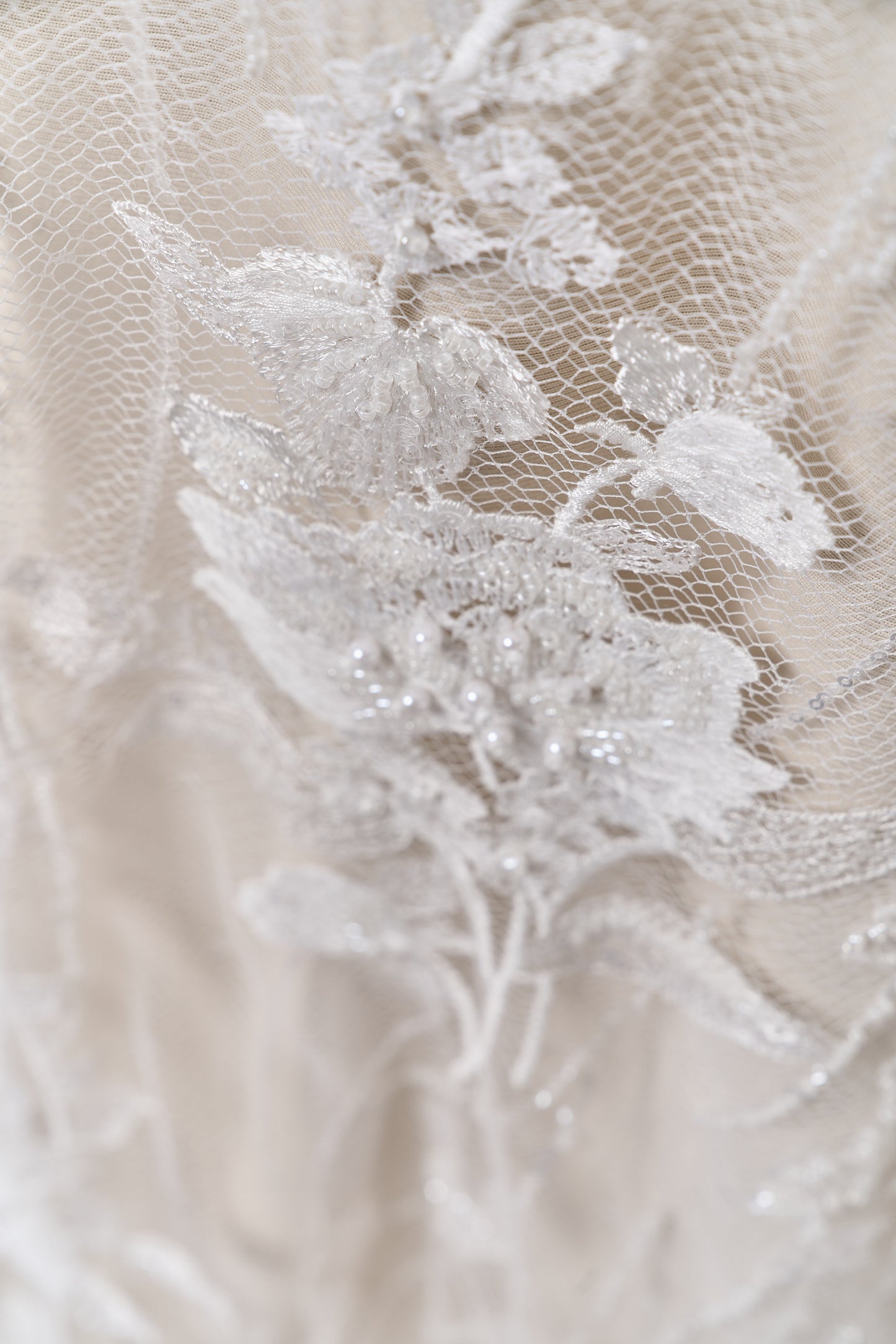 684 - Embroidered netting with 3D chiffon flowers, off-white beads, transparent and silver sequins
