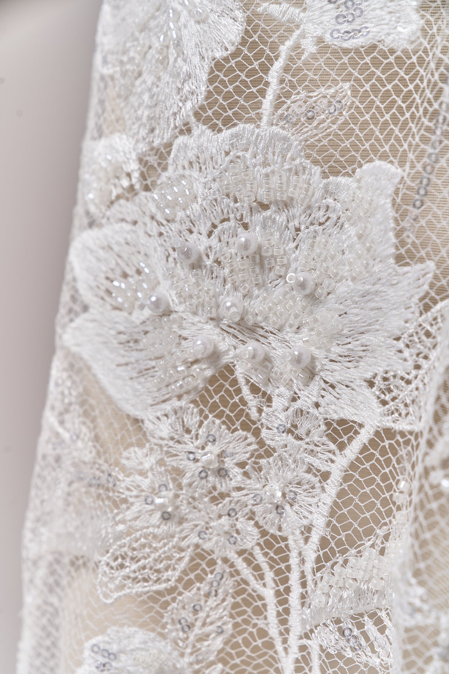 684 - Embroidered netting with 3D chiffon flowers, off-white beads, transparent and silver sequins