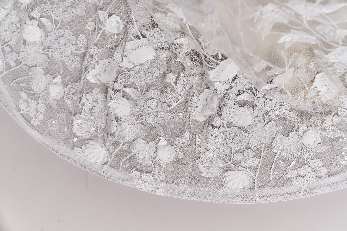 684 - Embroidered netting with 3D chiffon flowers, off-white beads, transparent and silver sequins