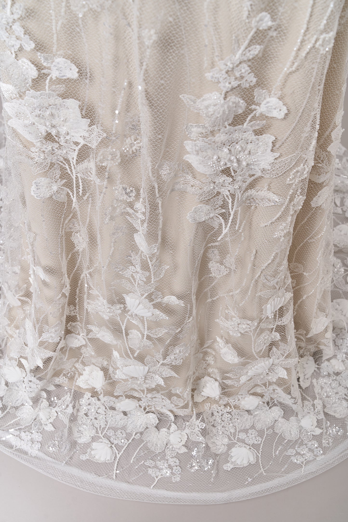 684 - Embroidered netting with 3D chiffon flowers, off-white beads, transparent and silver sequins