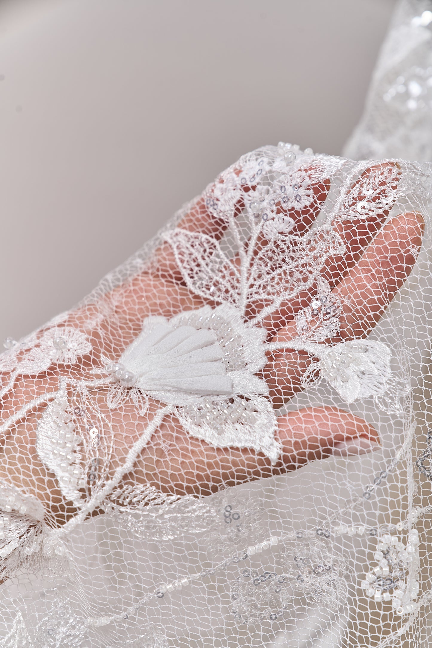 684 - Embroidered netting with 3D chiffon flowers, off-white beads, transparent and silver sequins