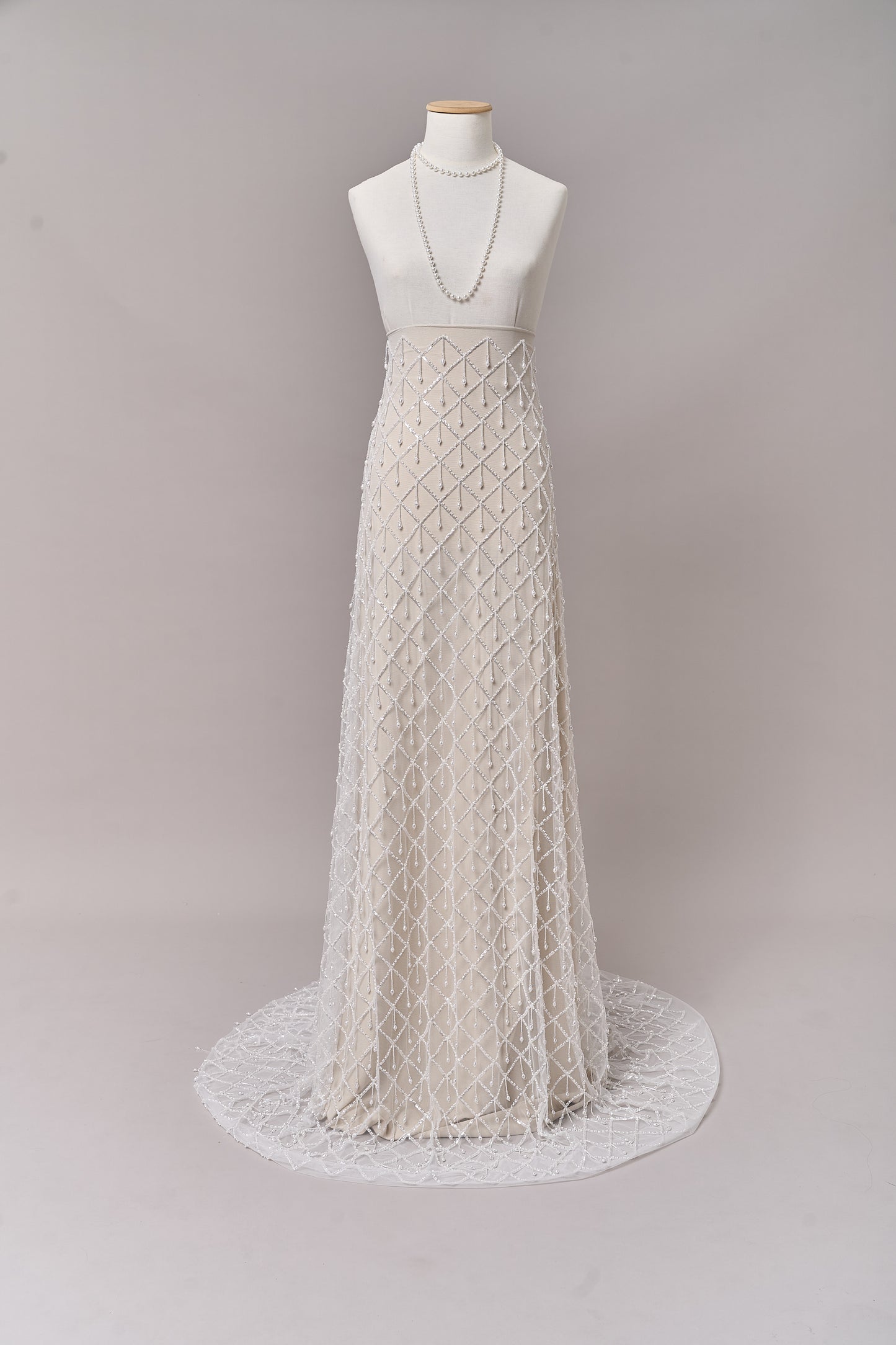 S0709 - Embroidered tulle with off-white beads, silver sequins, long off-white bugle bead fringe, transparent rhinestones, and nacre pearls