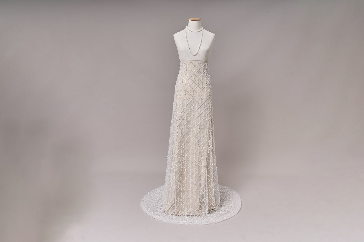 S0709 - Embroidered tulle with off-white beads, silver sequins, long off-white bugle bead fringe, transparent rhinestones, and nacre pearls