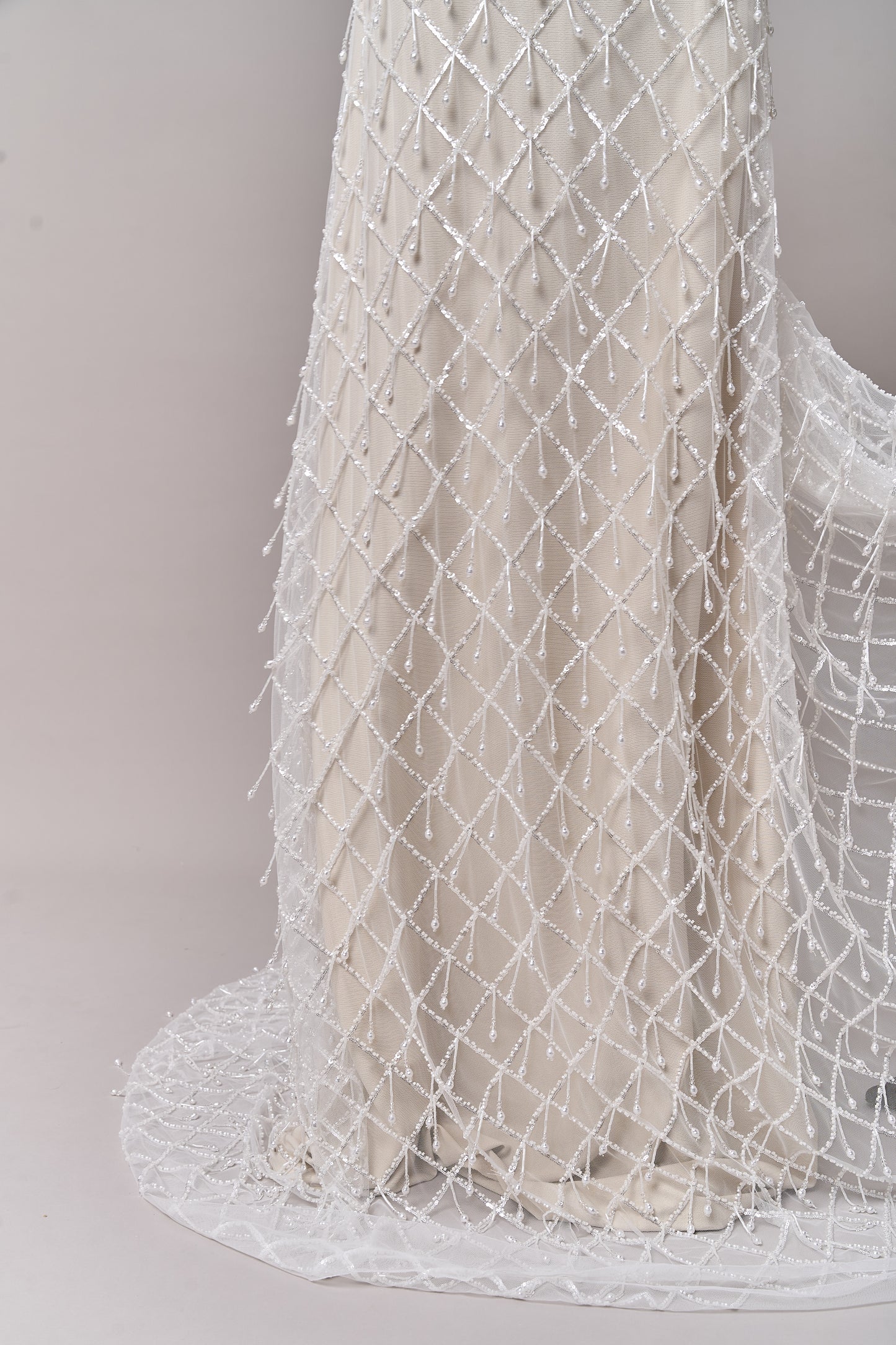 S0709 - Embroidered tulle with off-white beads, silver sequins, long off-white bugle bead fringe, transparent rhinestones, and nacre pearls