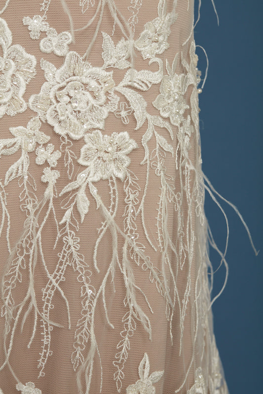 S0369 EMBROIDERY TULLE WITH FEATHERS AND PEARLS